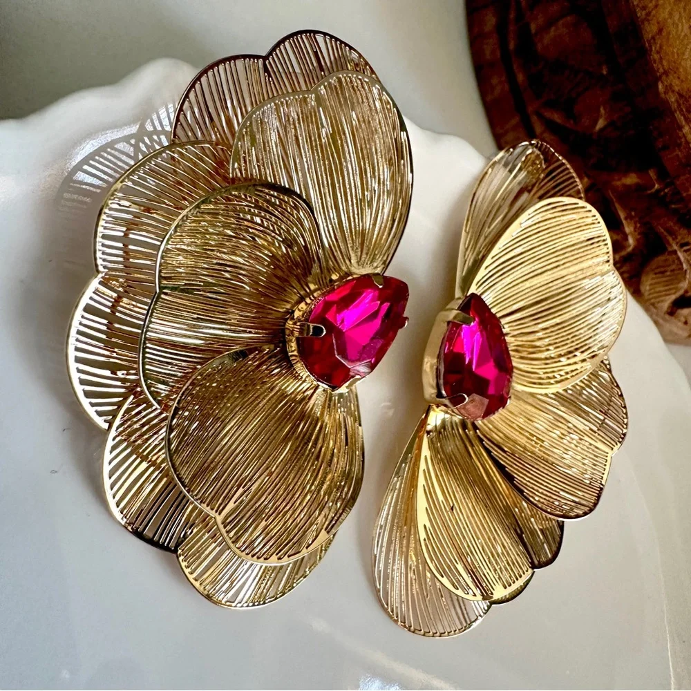 Gold Metal Flower Earrings Pink Stone Delicate Petals Jumbo Garden Jewelry NEW